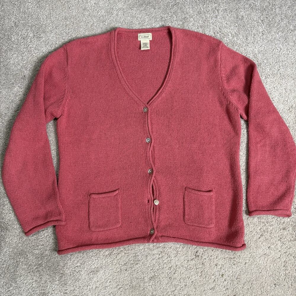 LL Bean Womens Silk Cotton Cardigan Chunky Knit Size L Salmon Pink Roll V-Neck